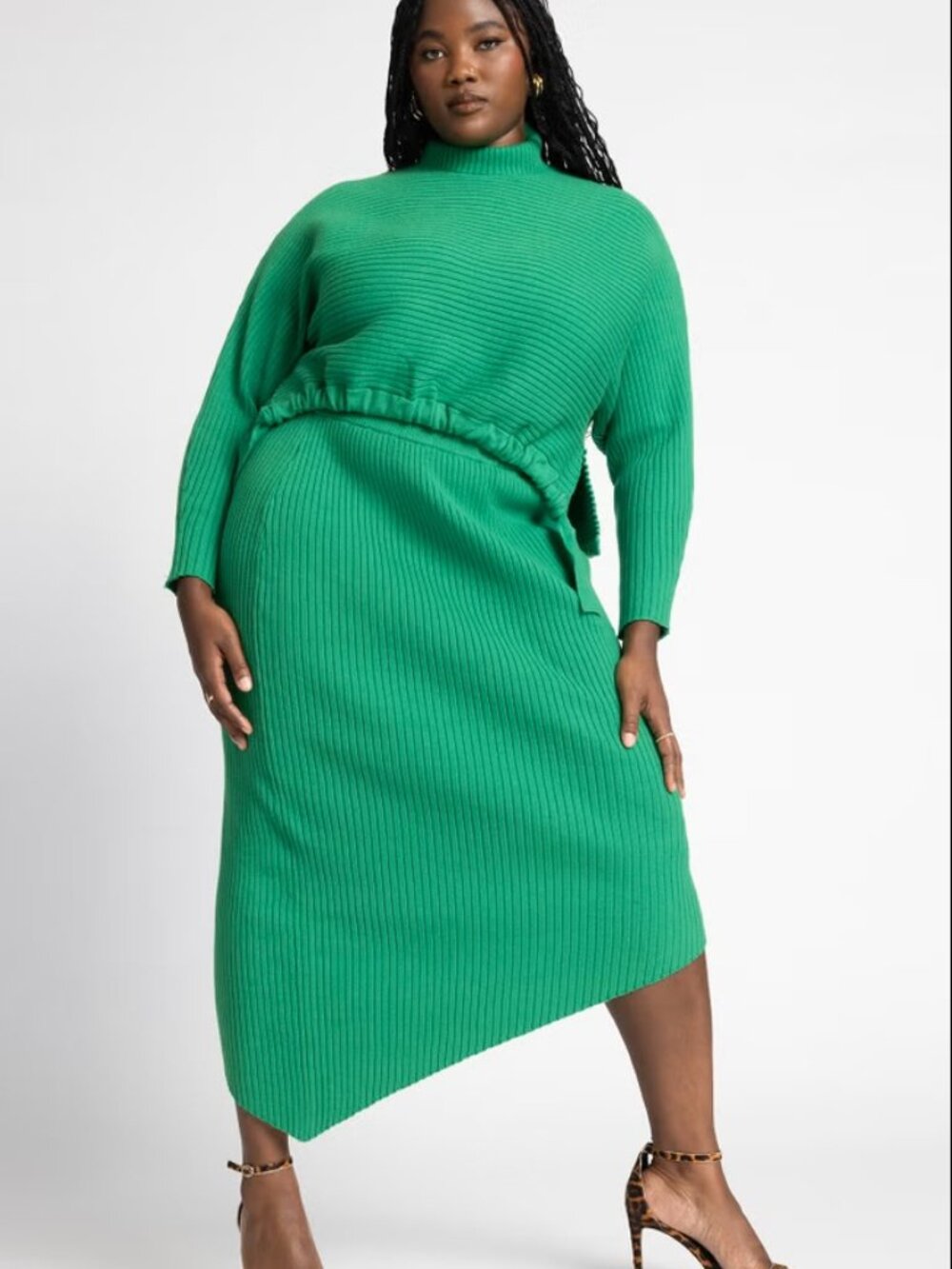 ELOQUII Asymmetrical Ribbed Knit Skirt  and Sweater in Fern Green